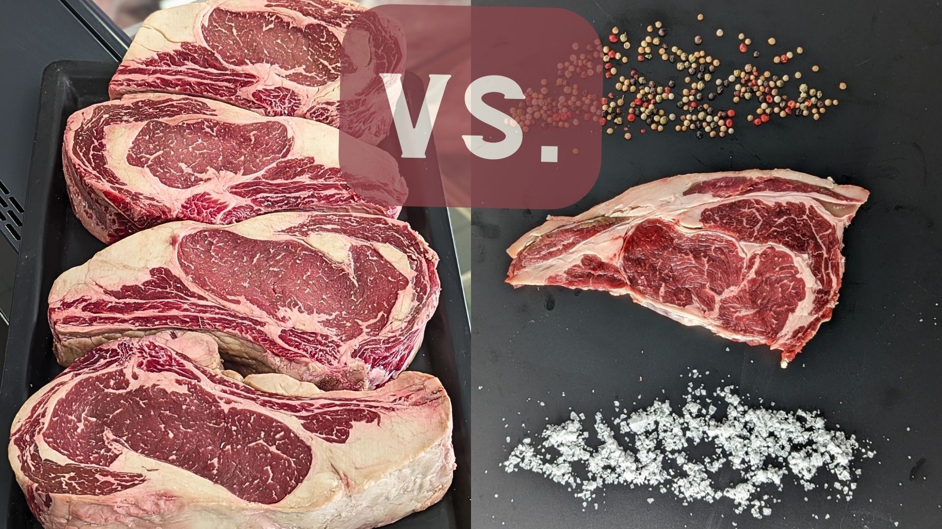 Chuletón y entrecot sobre tabla de madera